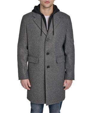DKNY Men's Charcoal Hooded Wool-Blend Overcoat -Removable Hood